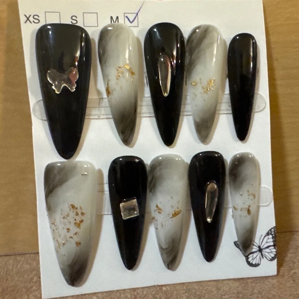 Black White Marble‎ Press On Nails Gold Foil Butterfly Charms Stiletto Size M